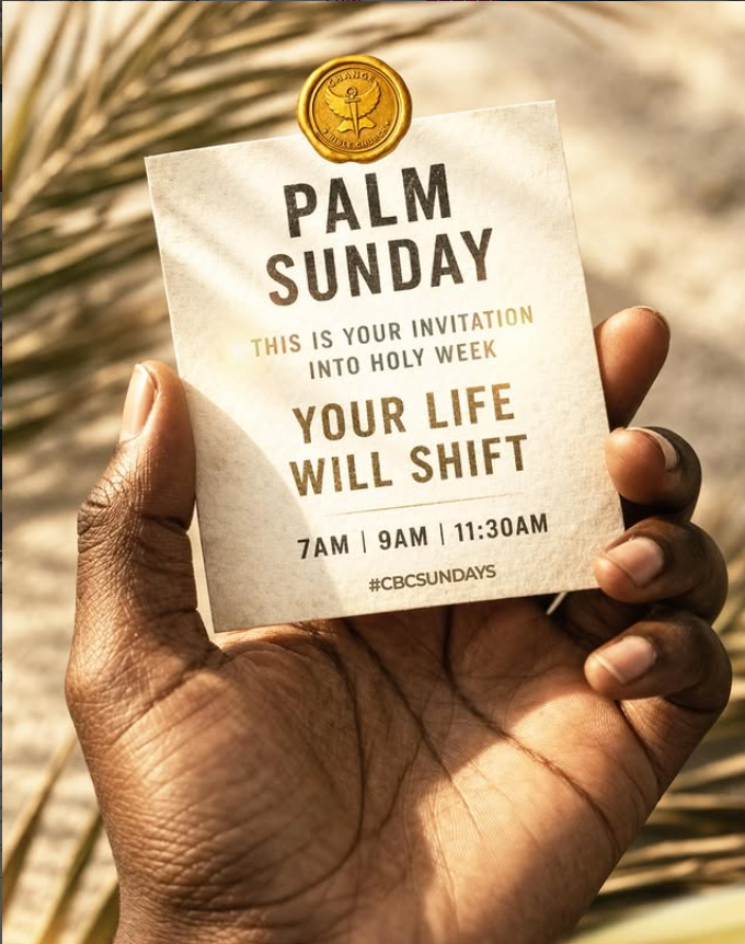 Palm Sunday invitation card held in hand with palm fronds in the background